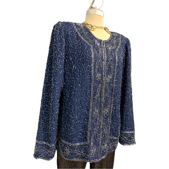 Gorgeous Elegant Blue Long Sleeves Beaded Embellished Jacket Size M/L - Picture 7 of 13